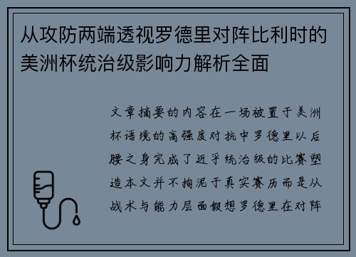 从攻防两端透视罗德里对阵比利时的美洲杯统治级影响力解析全面