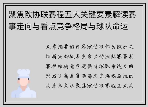 聚焦欧协联赛程五大关键要素解读赛事走向与看点竞争格局与球队命运 聚焦欧协联赛程五大关键要素解读赛事走向与看点竞争格局与球队命运